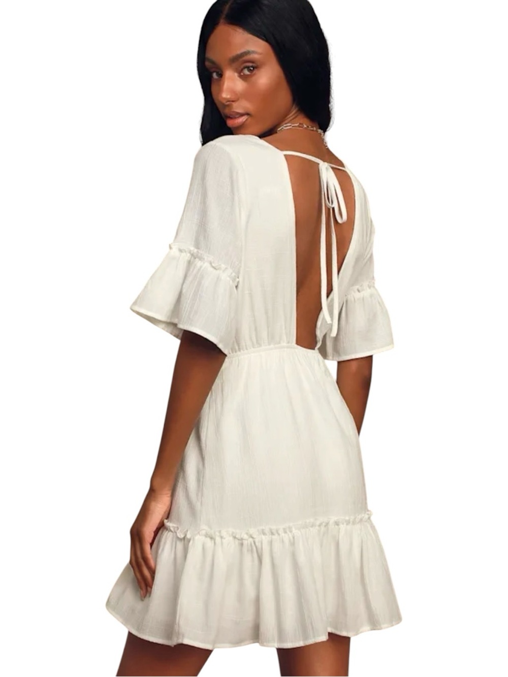 Lulus Sunshine Daydream Cutout Mini Dress Womens Large White Cotton Deep V-Neck‎